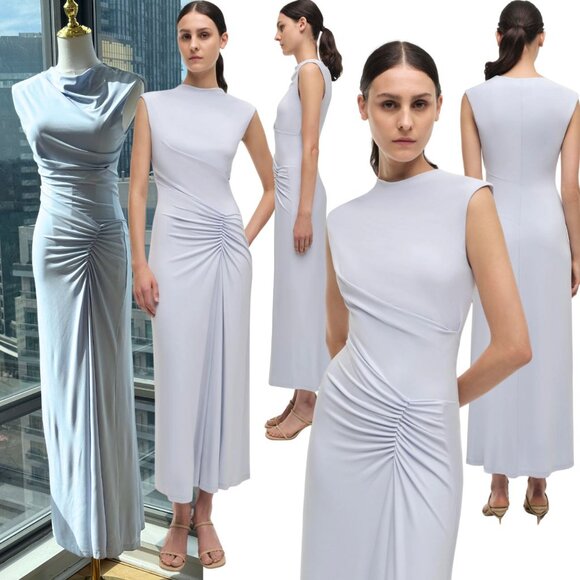 🆕 SIMKHAI 🧿 NWOT Acacia Draped Ruched Jersey Midi Dress, Blue Haze - Sz XS - Picture 1 of 16
